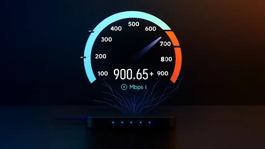 Internet router and a speed test gauge above