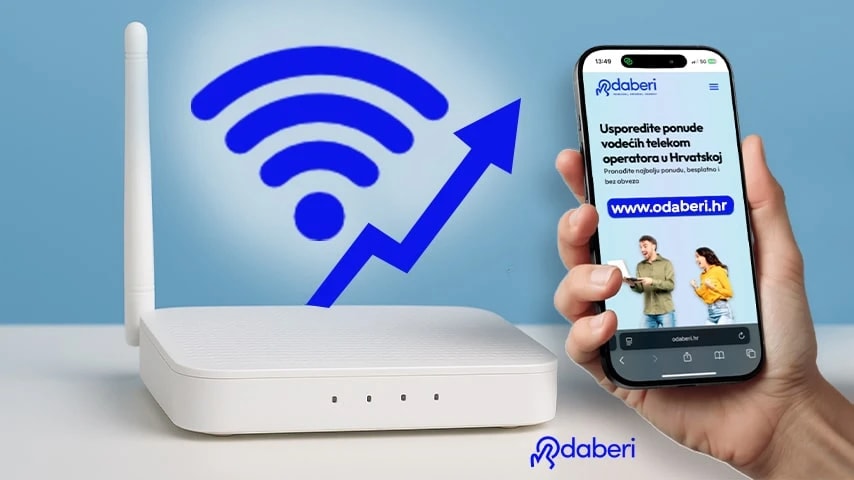 Internet router showing increase in WiFi signal and a person holding a smartphone