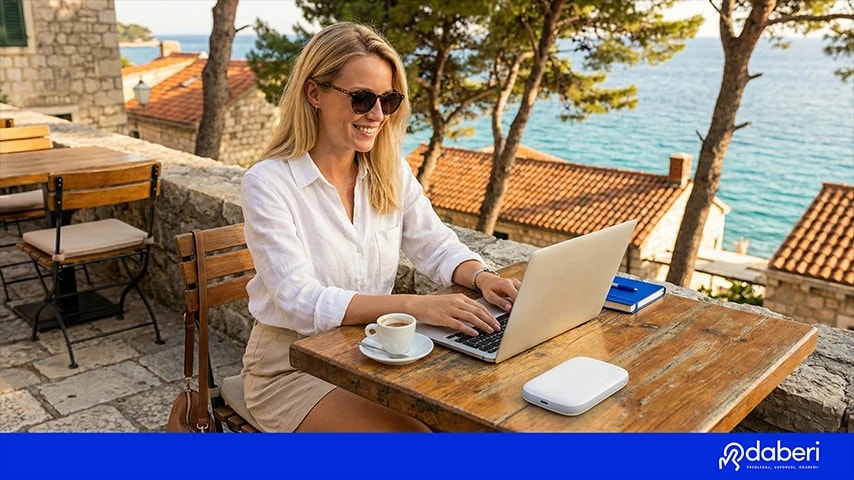 A woman sitting at a coffee table outside and working on her laptop