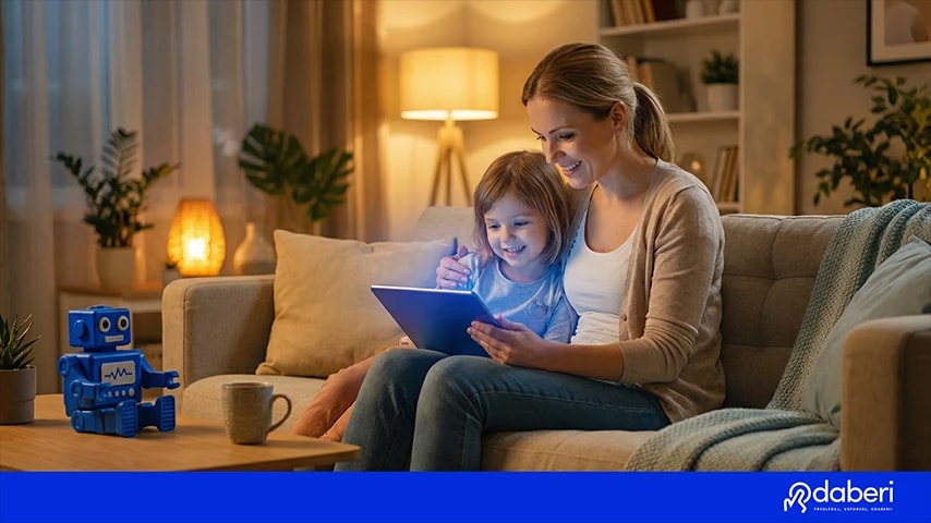 Mother and daughter sitting on the couch looking at the tablet and smiling