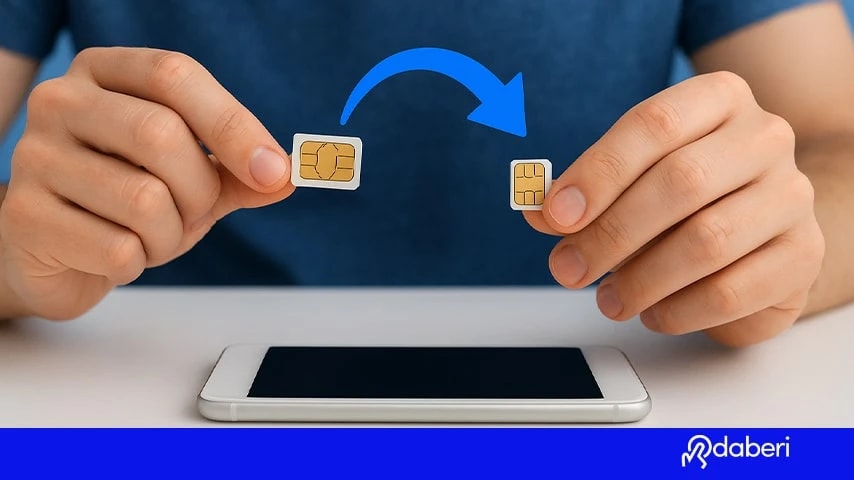 Smartphone laying on the table and a person holding two SIM cards above it